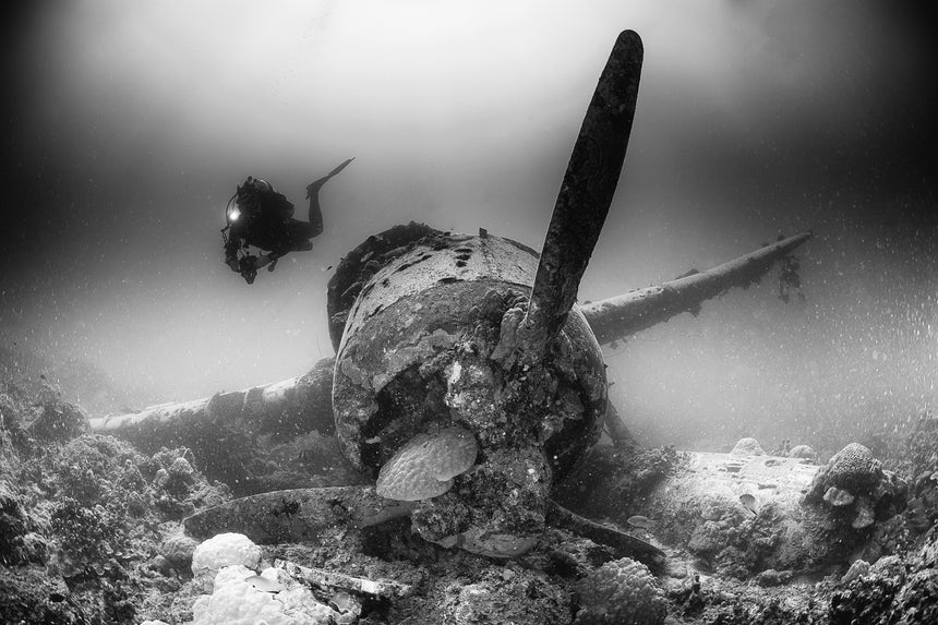 Jake Sea Plane with Diver B&W - Palau